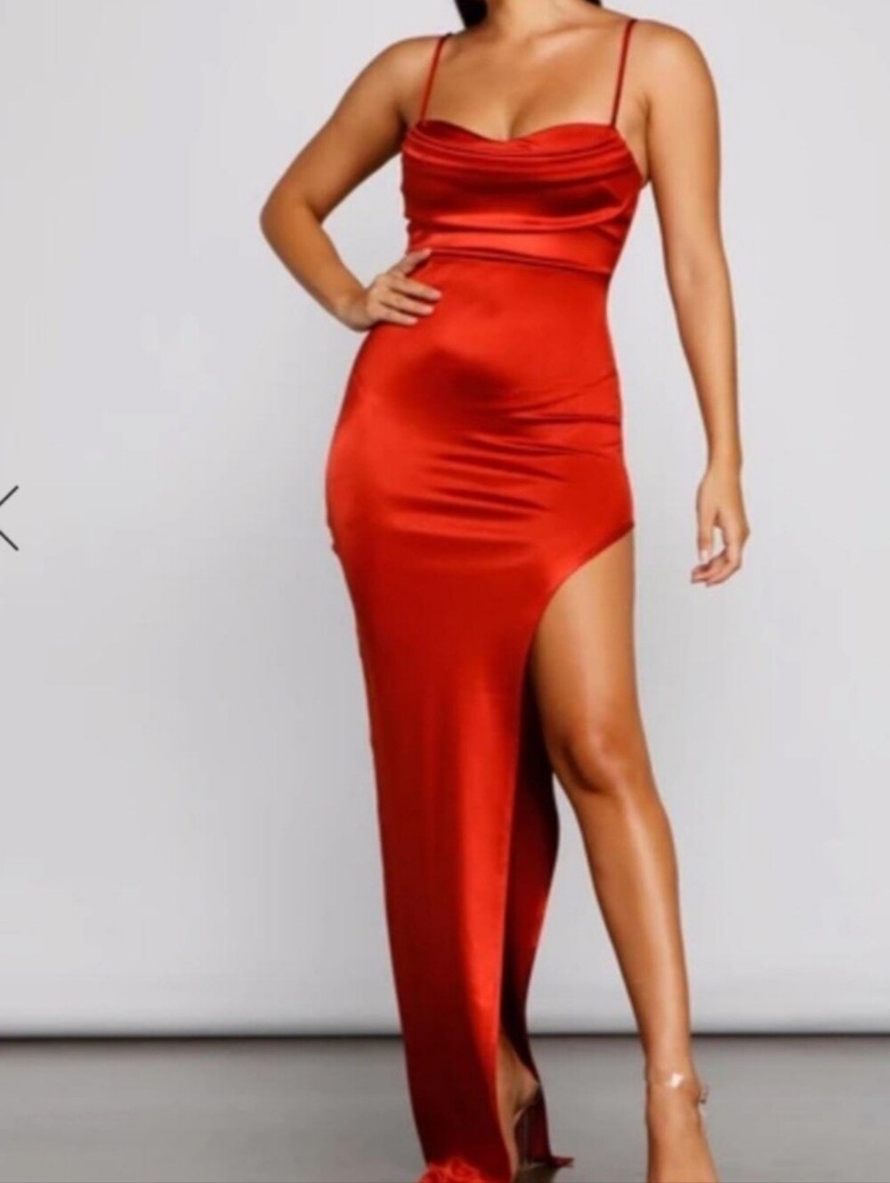 Windsor Red Satin Maxi Dress with High Slit & Criss-Cross Back Maxi